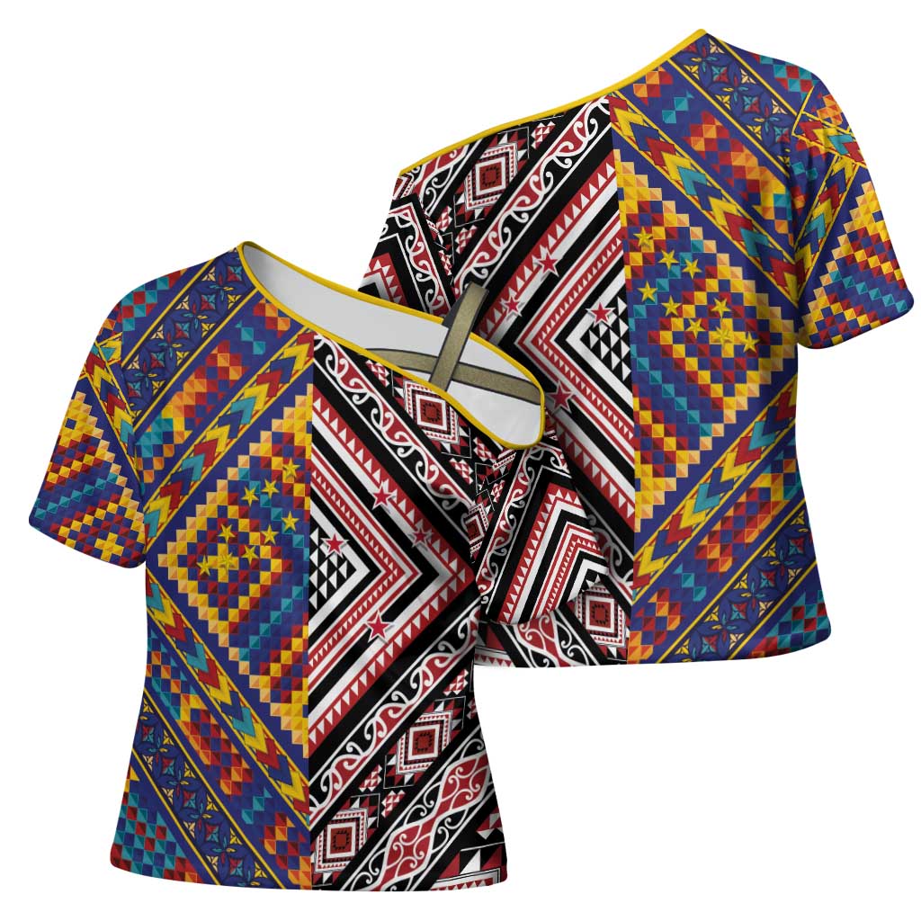 Tuvaluan and New Zealand Culture Cross Shoulder Shirt The Art of Kolose and Taniko LT03 - Polynesian Pride