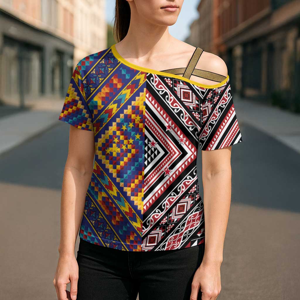 Tuvaluan and New Zealand Culture Cross Shoulder Shirt The Art of Kolose and Taniko LT03 - Polynesian Pride