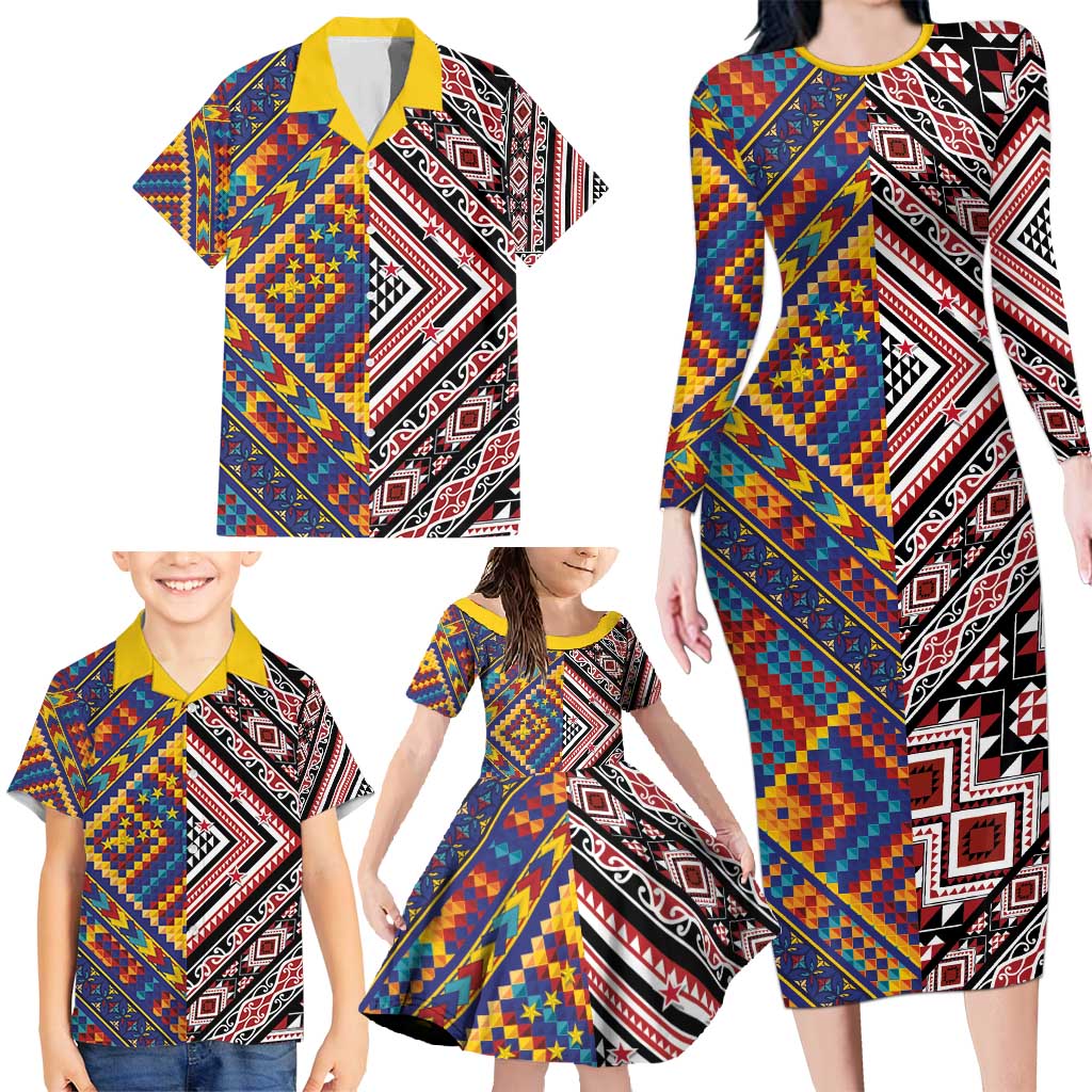 Tuvaluan and New Zealand Culture Family Matching Long Sleeve Bodycon Dress and Hawaiian Shirt The Art of Kolose and Taniko LT03 - Polynesian Pride