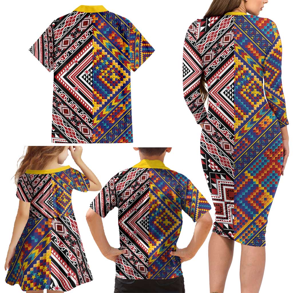 Tuvaluan and New Zealand Culture Family Matching Long Sleeve Bodycon Dress and Hawaiian Shirt The Art of Kolose and Taniko LT03 - Polynesian Pride