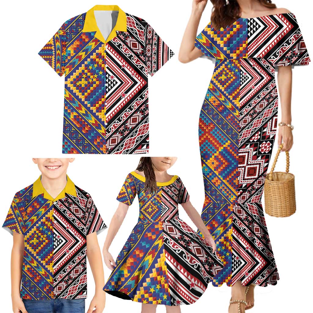 Tuvaluan and New Zealand Culture Family Matching Mermaid Dress and Hawaiian Shirt The Art of Kolose and Taniko LT03 - Polynesian Pride