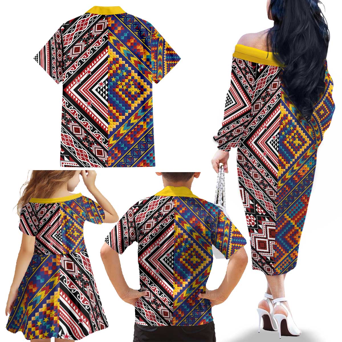 Tuvaluan and New Zealand Culture Family Matching Off The Shoulder Long Sleeve Dress and Hawaiian Shirt The Art of Kolose and Taniko LT03 - Polynesian Pride