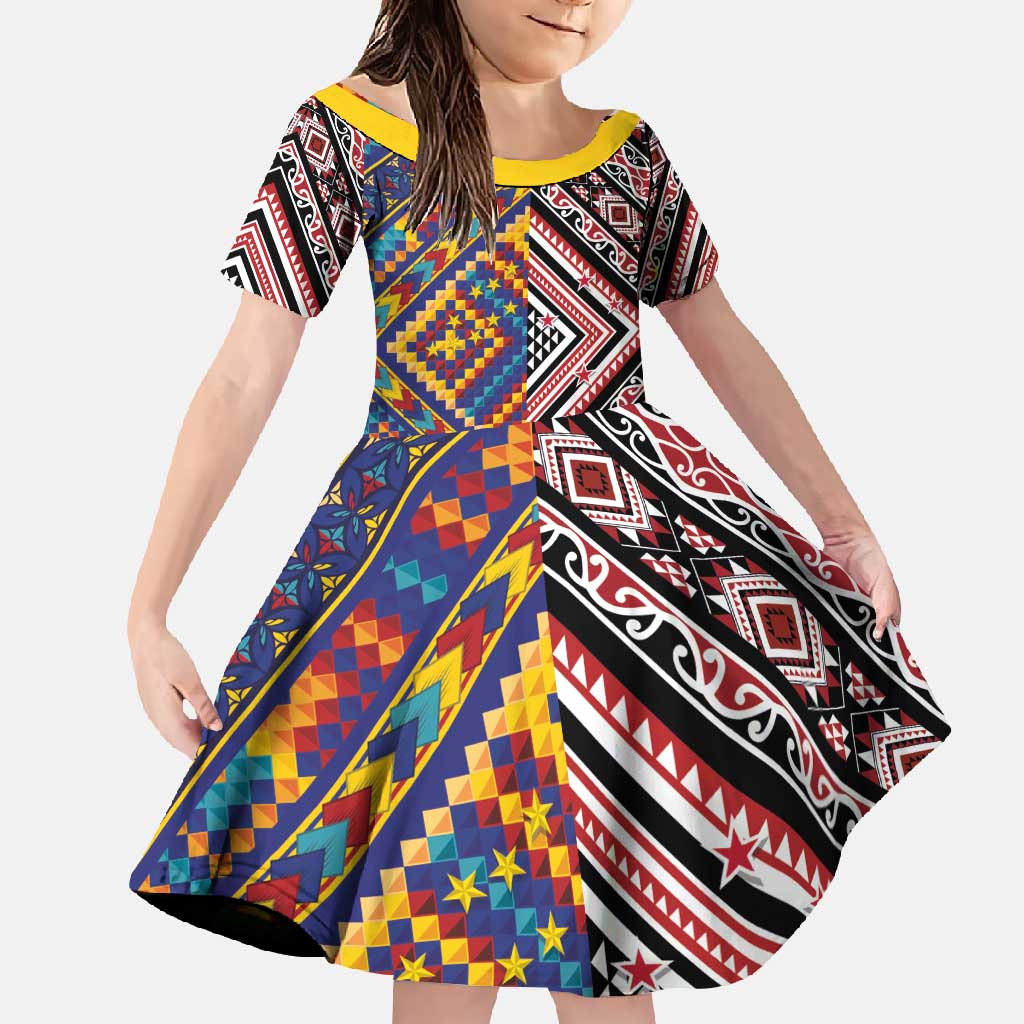 Tuvaluan and New Zealand Culture Family Matching Off Shoulder Maxi Dress and Hawaiian Shirt The Art of Kolose and Taniko LT03 Daughter's Dress Navy - Polynesian Pride