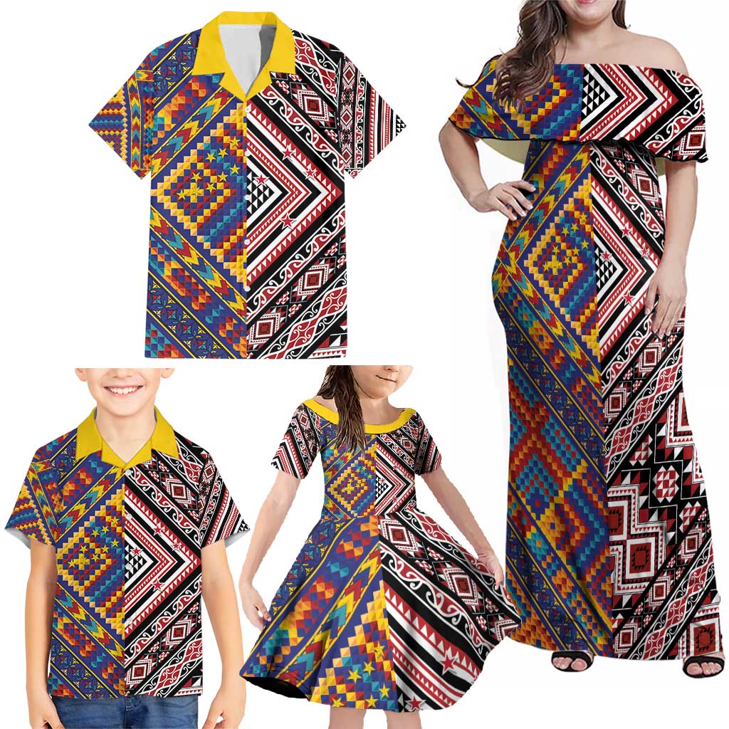 Tuvaluan and New Zealand Culture Family Matching Off Shoulder Maxi Dress and Hawaiian Shirt The Art of Kolose and Taniko LT03 - Polynesian Pride