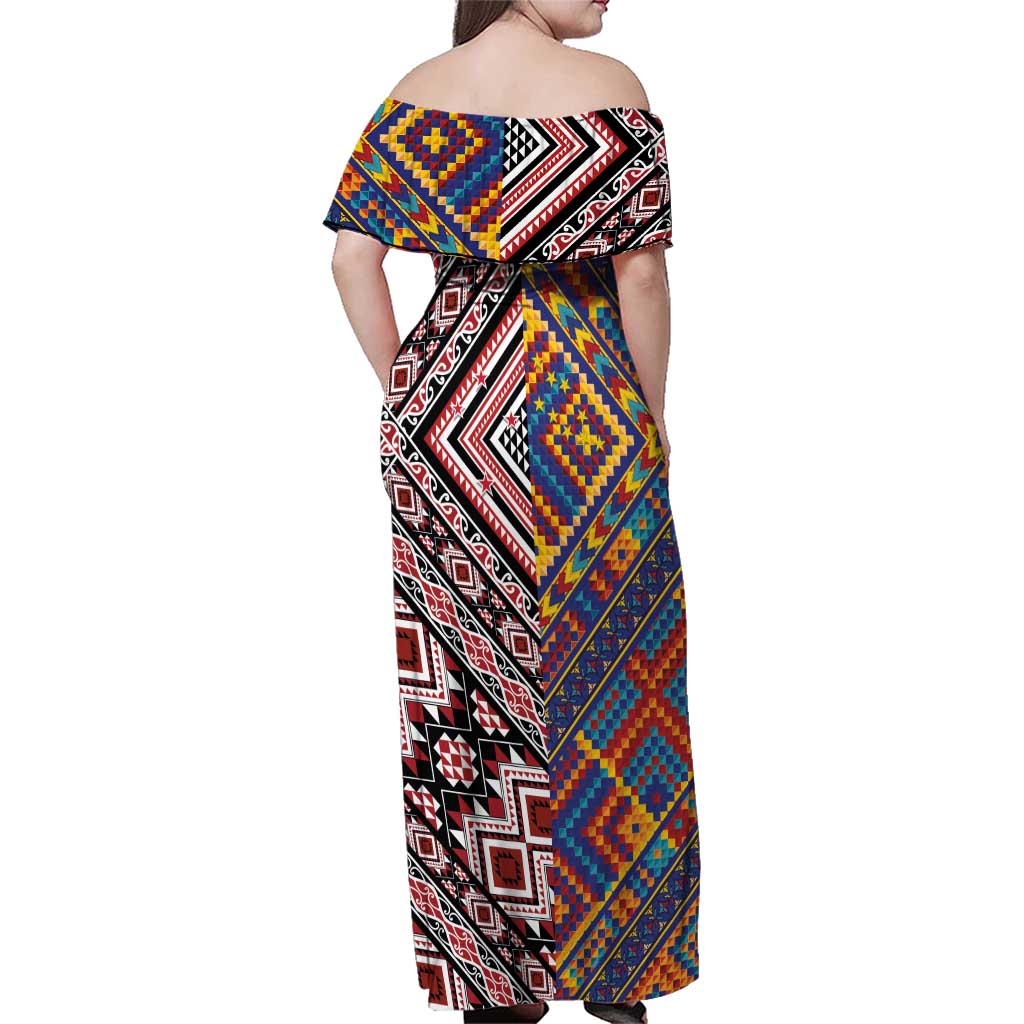 Tuvaluan and New Zealand Culture Family Matching Off Shoulder Maxi Dress and Hawaiian Shirt The Art of Kolose and Taniko LT03 - Polynesian Pride