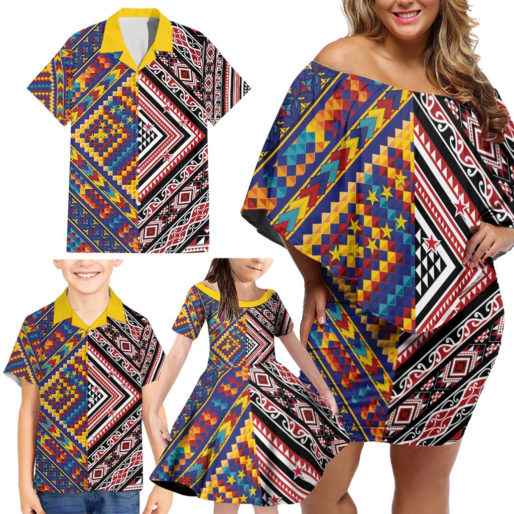 Tuvaluan and New Zealand Culture Family Matching Off Shoulder Short Dress and Hawaiian Shirt The Art of Kolose and Taniko LT03 - Polynesian Pride