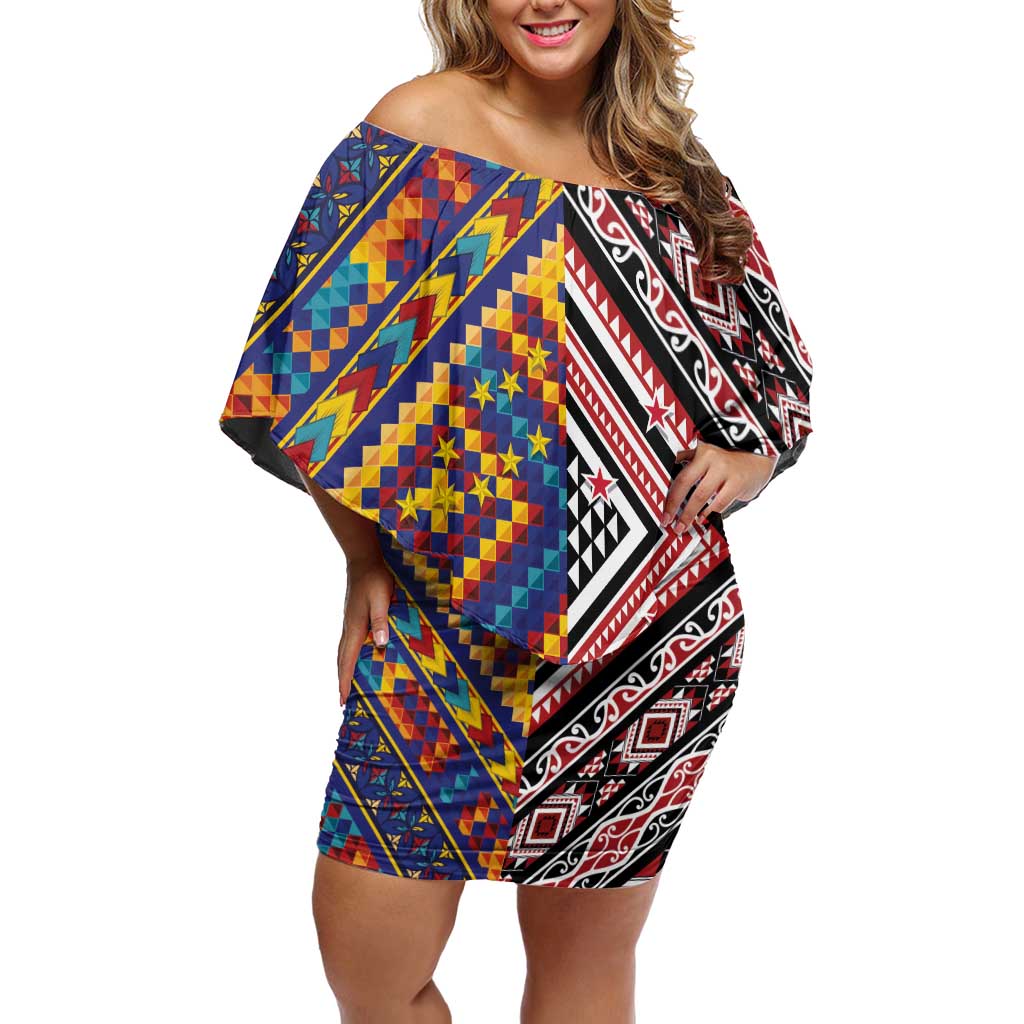 Tuvaluan and New Zealand Culture Family Matching Off Shoulder Short Dress and Hawaiian Shirt The Art of Kolose and Taniko LT03 Mom's Dress Navy - Polynesian Pride