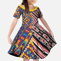 Tuvaluan and New Zealand Culture Family Matching Puletasi and Hawaiian Shirt The Art of Kolose and Taniko LT03 Daughter's Dress Navy - Polynesian Pride
