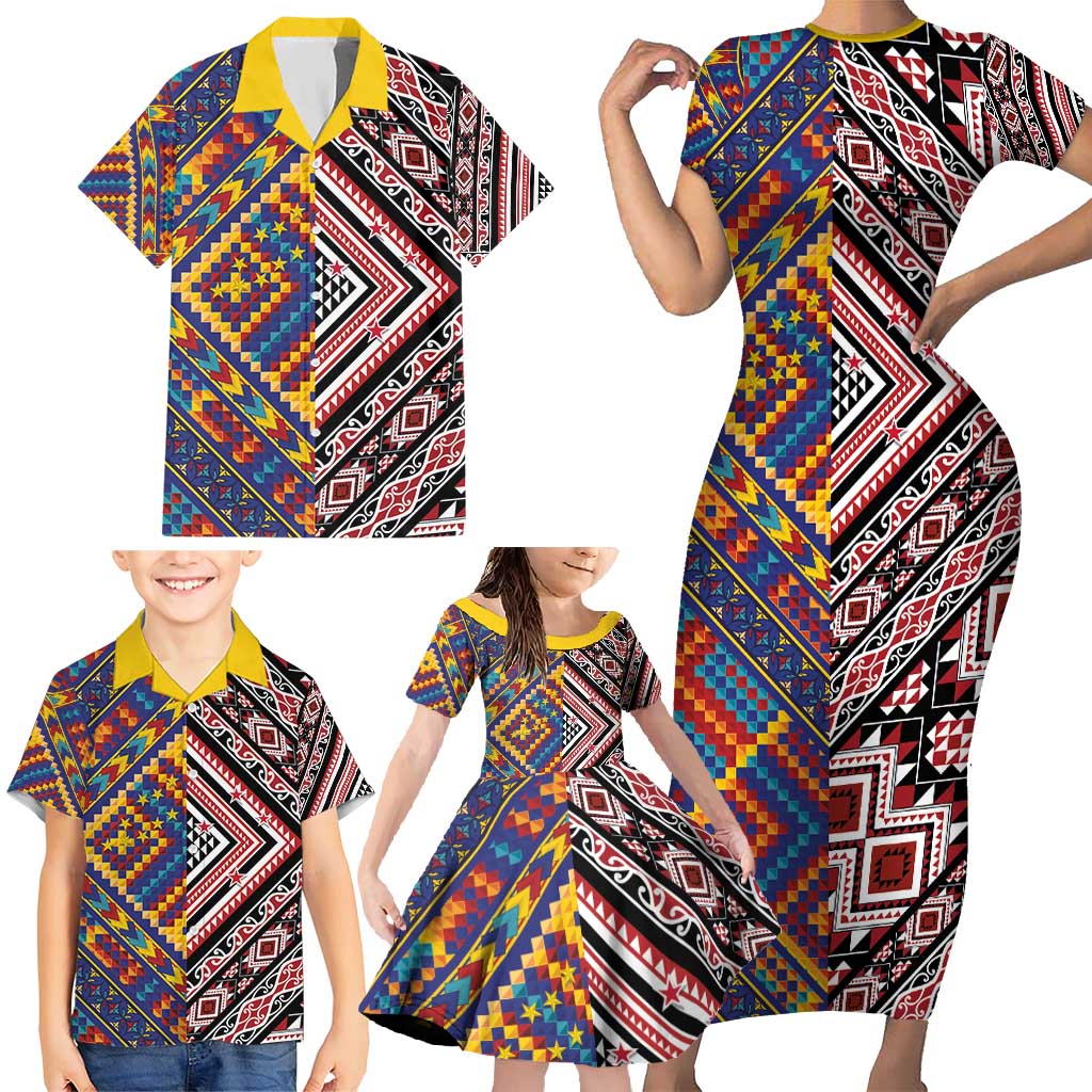 Tuvaluan and New Zealand Culture Family Matching Short Sleeve Bodycon Dress and Hawaiian Shirt The Art of Kolose and Taniko LT03 - Polynesian Pride