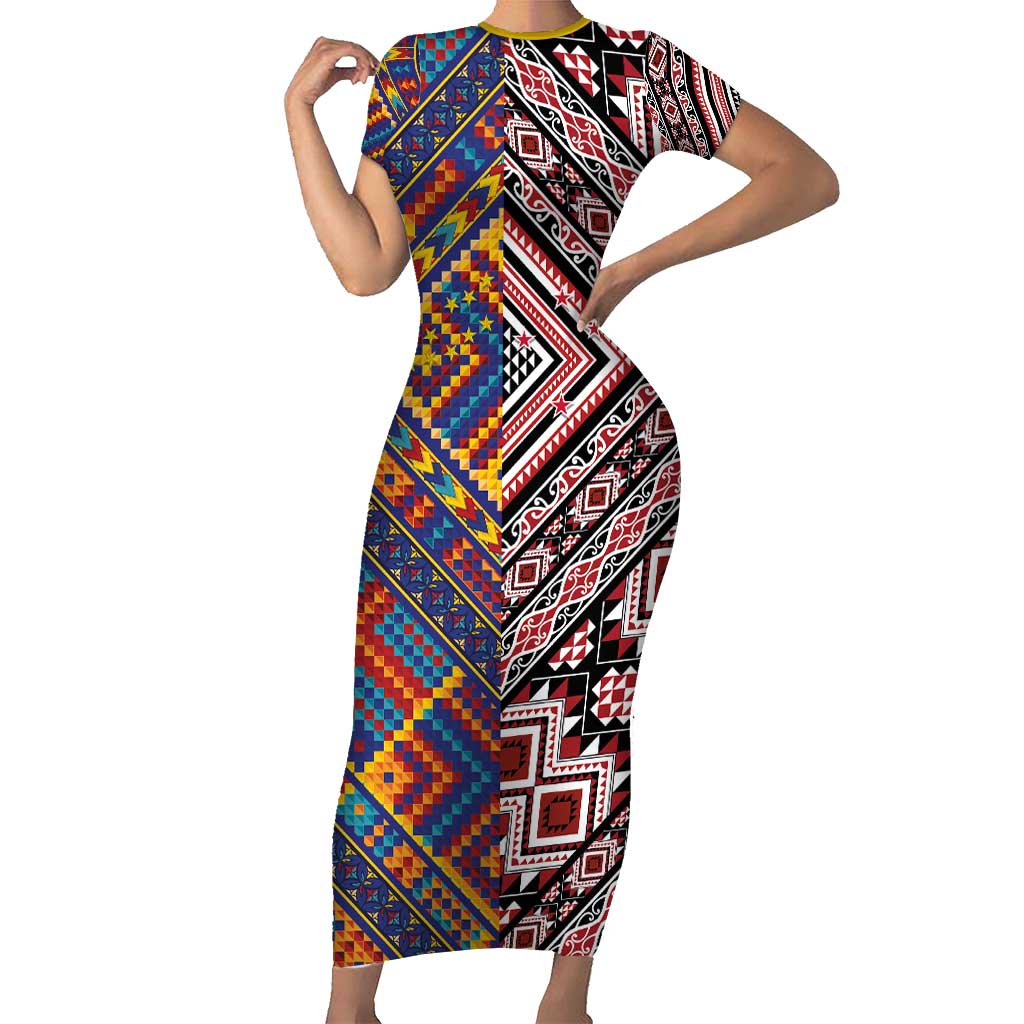 Tuvaluan and New Zealand Culture Family Matching Short Sleeve Bodycon Dress and Hawaiian Shirt The Art of Kolose and Taniko LT03 Mom's Dress Navy - Polynesian Pride