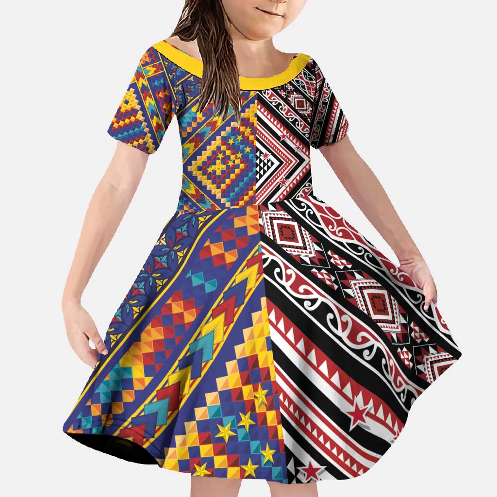 Tuvaluan and New Zealand Culture Family Matching Summer Maxi Dress and Hawaiian Shirt The Art of Kolose and Taniko LT03 Daughter's Dress Navy - Polynesian Pride