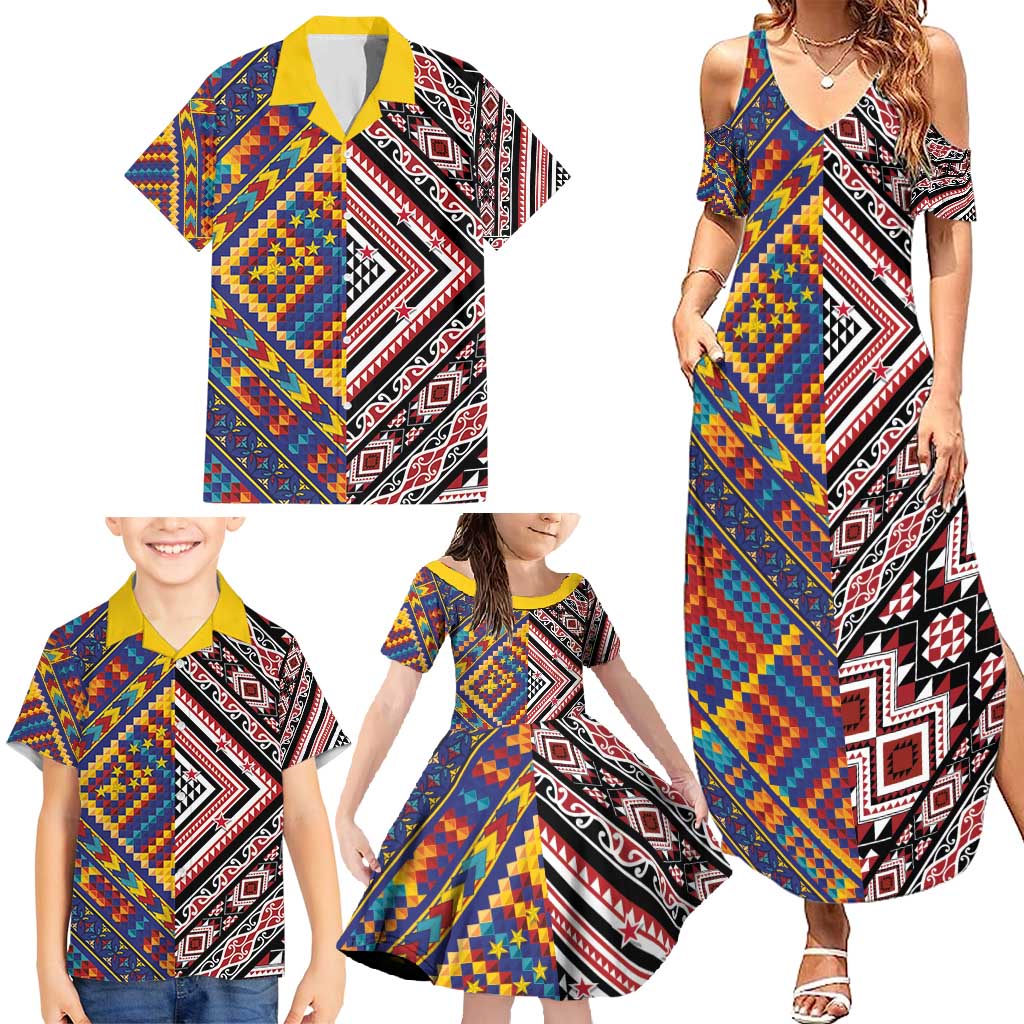 Tuvaluan and New Zealand Culture Family Matching Summer Maxi Dress and Hawaiian Shirt The Art of Kolose and Taniko LT03 - Polynesian Pride