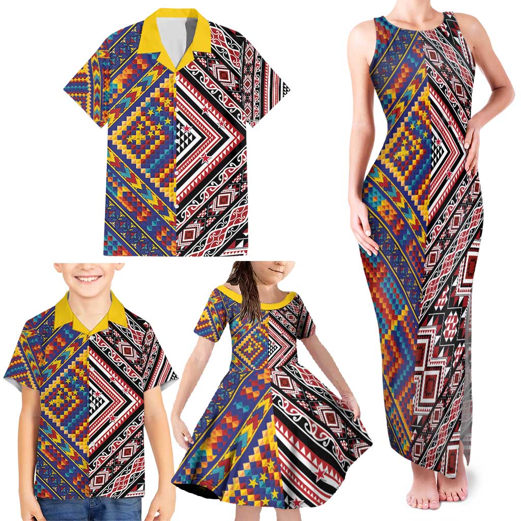 Tuvaluan and New Zealand Culture Family Matching Tank Maxi Dress and Hawaiian Shirt The Art of Kolose and Taniko - Polynesian Pride