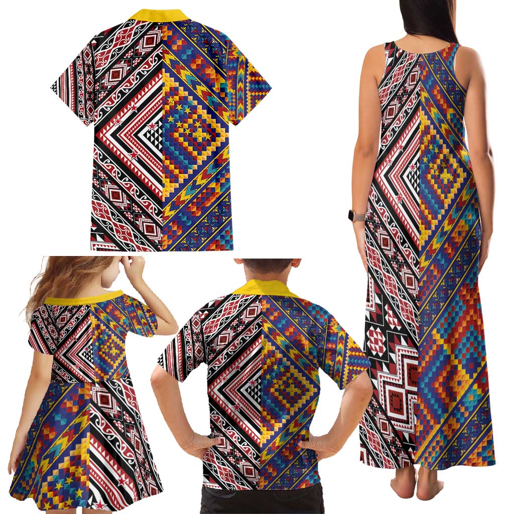 Tuvaluan and New Zealand Culture Family Matching Tank Maxi Dress and Hawaiian Shirt The Art of Kolose and Taniko LT03 - Polynesian Pride