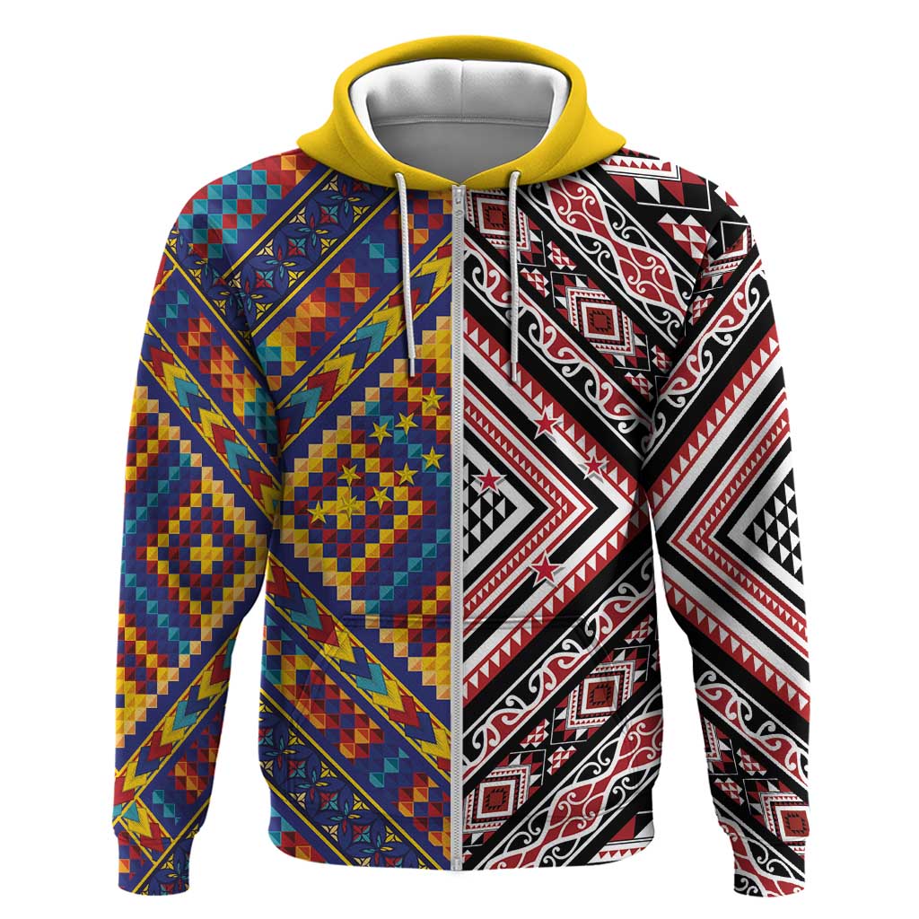 Tuvaluan and New Zealand Culture Hoodie The Art of Kolose and Taniko LT03 Zip Hoodie Navy - Polynesian Pride