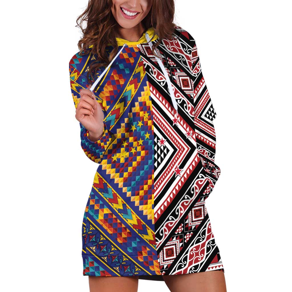Tuvaluan and New Zealand Culture Hoodie Dress The Art of Kolose and Taniko LT03 Navy - Polynesian Pride