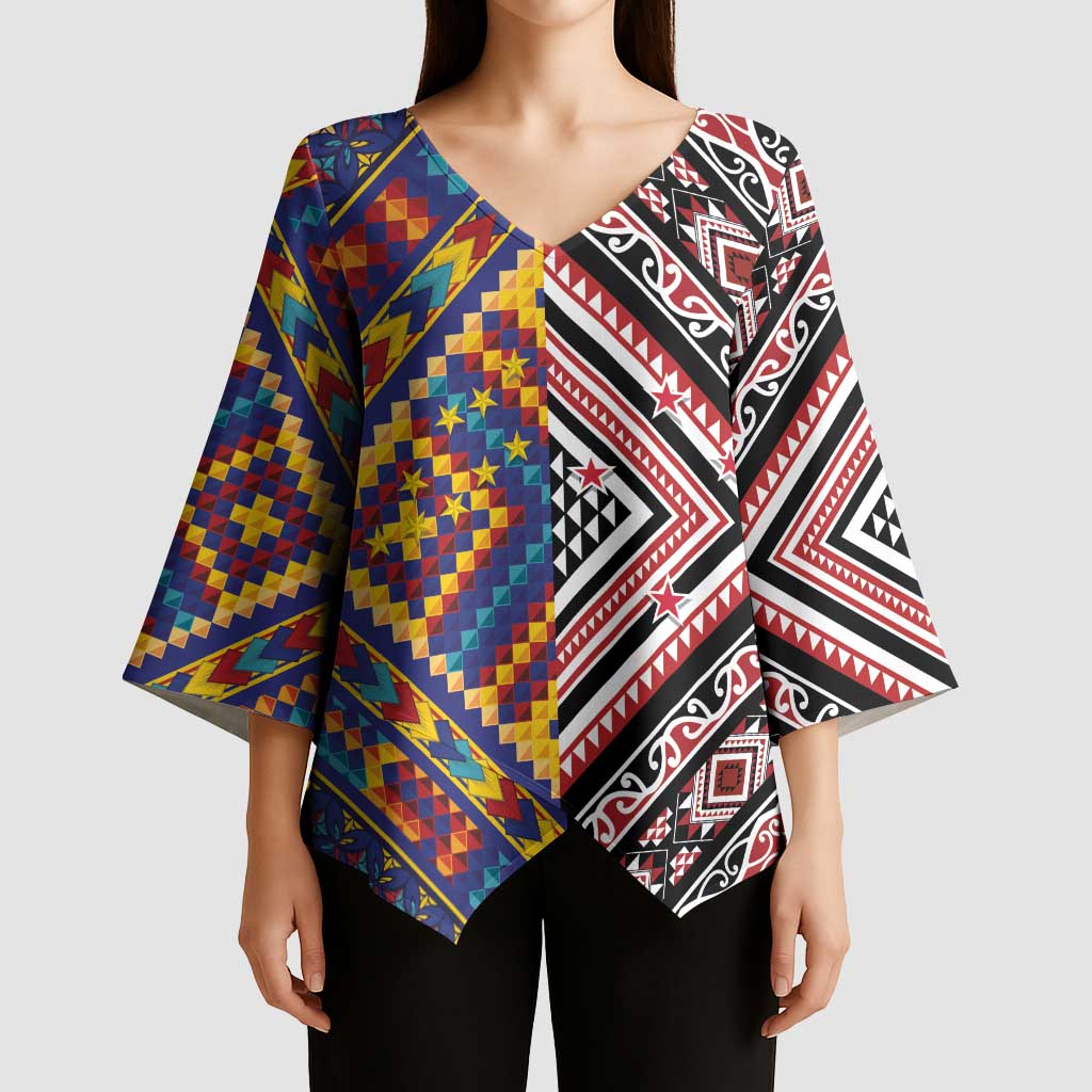Tuvaluan and New Zealand Culture Kimono Sleeve Blouse The Art of Kolose and Taniko LT03 - Polynesian Pride