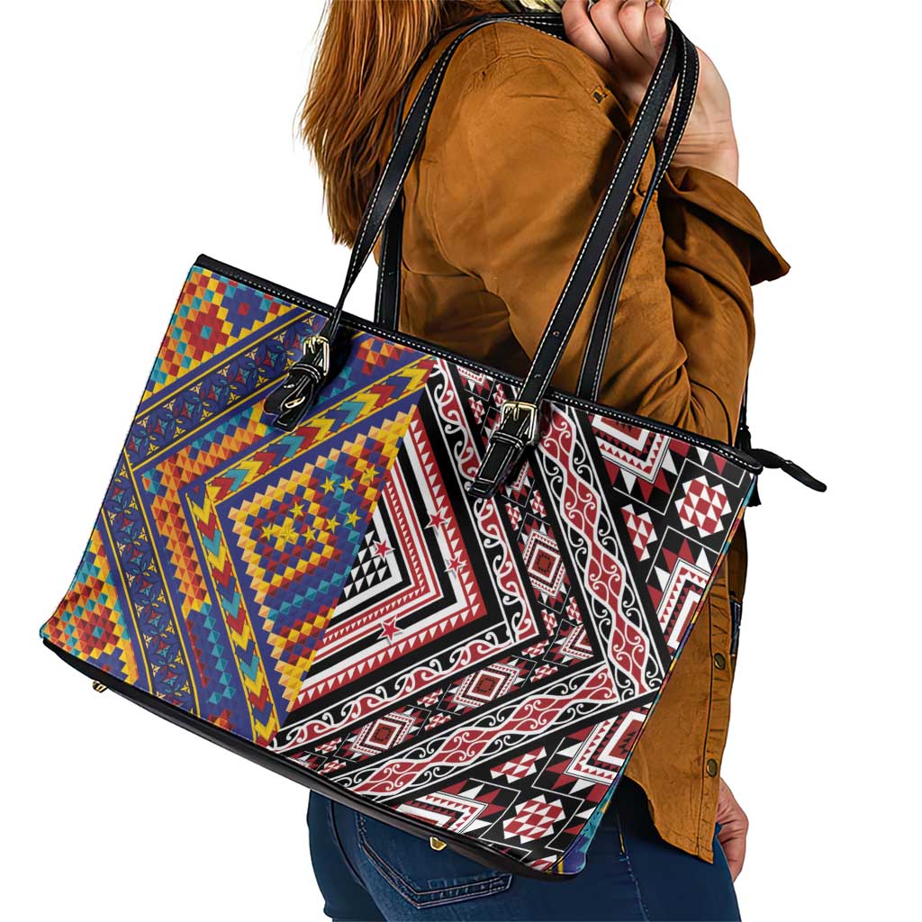 Tuvaluan and New Zealand Culture Leather Tote Bag The Art of Kolose and Taniko LT03 - Polynesian Pride