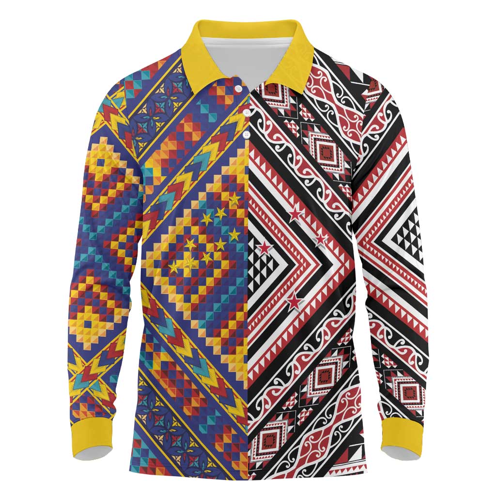 Tuvaluan and New Zealand Culture Long Sleeve Polo Shirt The Art of Kolose and Taniko LT03 Navy - Polynesian Pride