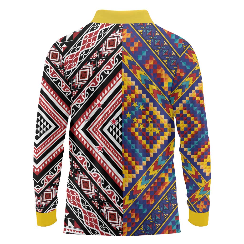 Tuvaluan and New Zealand Culture Long Sleeve Polo Shirt The Art of Kolose and Taniko LT03 - Polynesian Pride