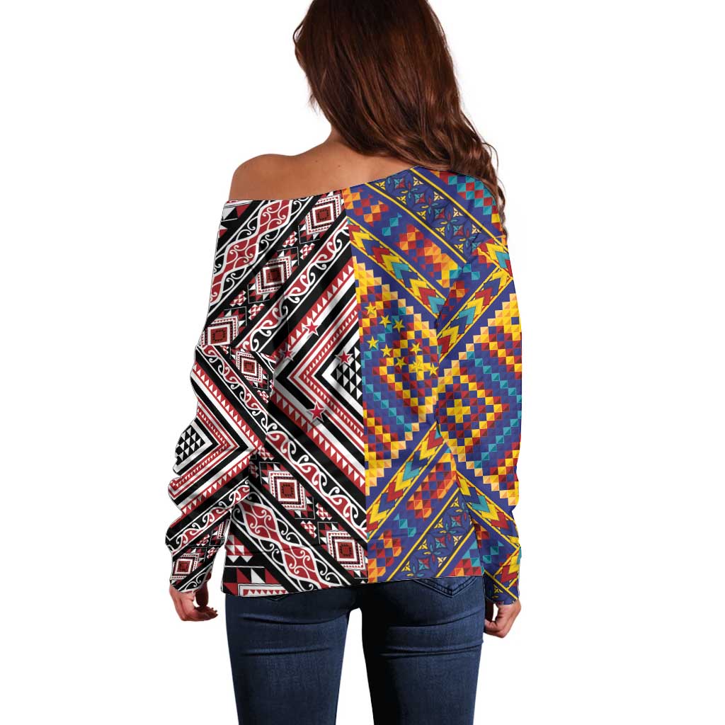 Tuvaluan and New Zealand Culture Off Shoulder Sweater The Art of Kolose and Taniko LT03 - Polynesian Pride