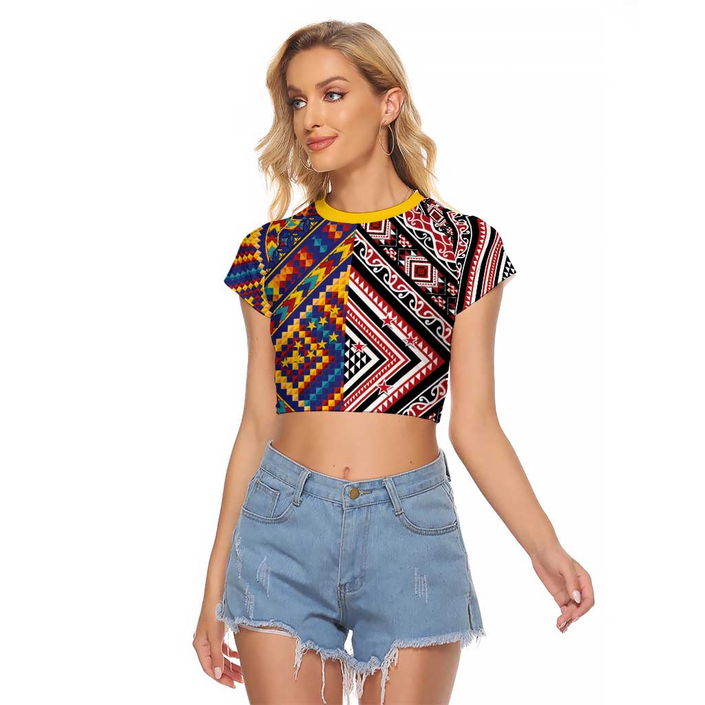 Tuvaluan and New Zealand Culture Raglan Cropped T Shirt The Art of Kolose and Taniko - Polynesian Pride