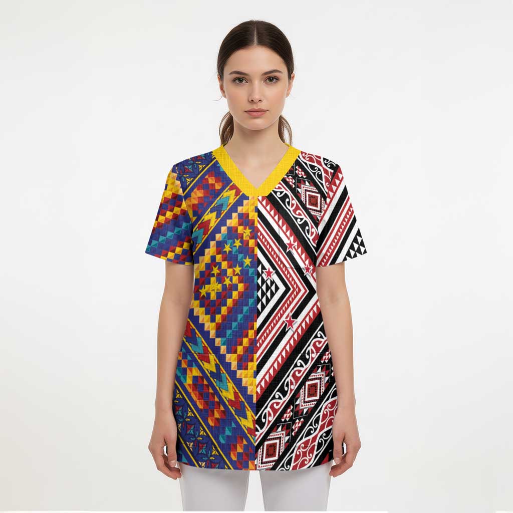 Tuvaluan and New Zealand Culture Scrub Top The Art of Kolose and Taniko LT03 - Polynesian Pride