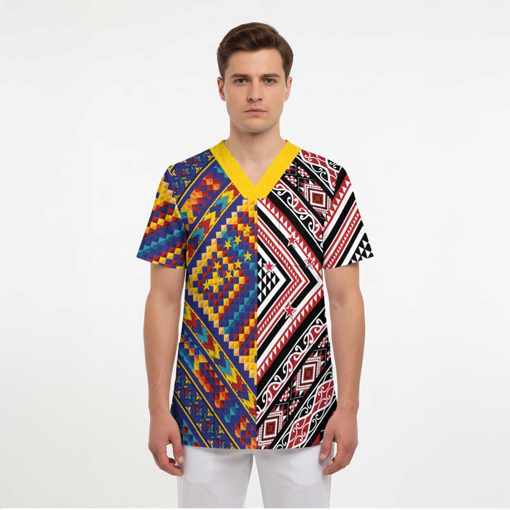 Tuvaluan and New Zealand Culture Scrub Top The Art of Kolose and Taniko LT03 - Polynesian Pride
