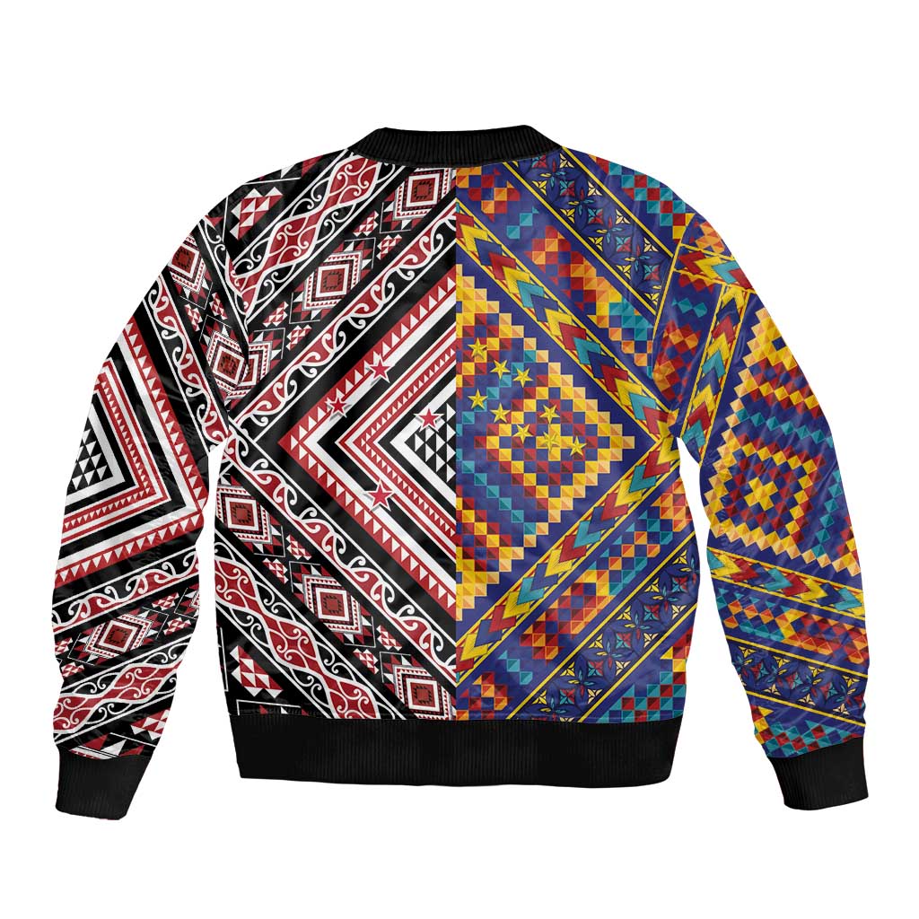Tuvaluan and New Zealand Culture Sleeve Zip Bomber Jacket The Art of Kolose and Taniko LT03 - Polynesian Pride
