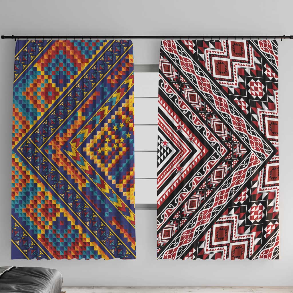 Tuvaluan and New Zealand Culture Window Curtain The Art of Kolose and Taniko LT03 With Hooks Navy - Polynesian Pride
