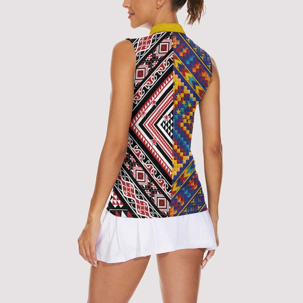 Tuvaluan and New Zealand Culture Women Sleeveless Polo Shirt The Art of Kolose and Taniko LT03 - Polynesian Pride