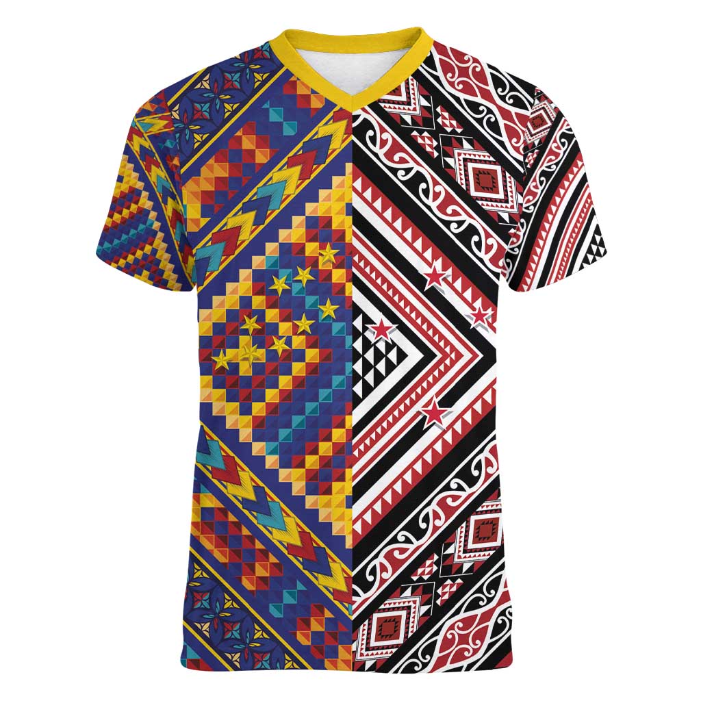 Tuvaluan and New Zealand Culture Women V-Neck T-Shirt The Art of Kolose and Taniko LT03 Female Navy - Polynesian Pride