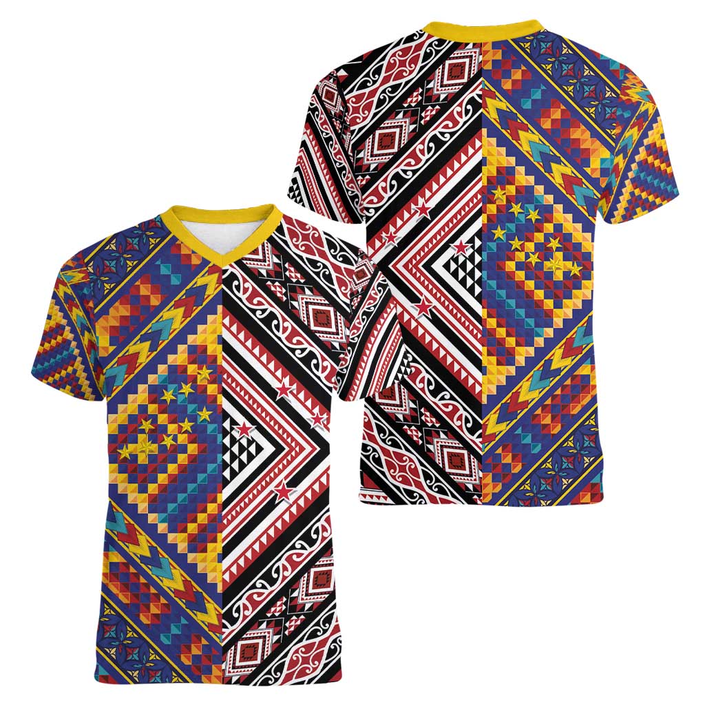 Tuvaluan and New Zealand Culture Women V-Neck T-Shirt The Art of Kolose and Taniko LT03 - Polynesian Pride