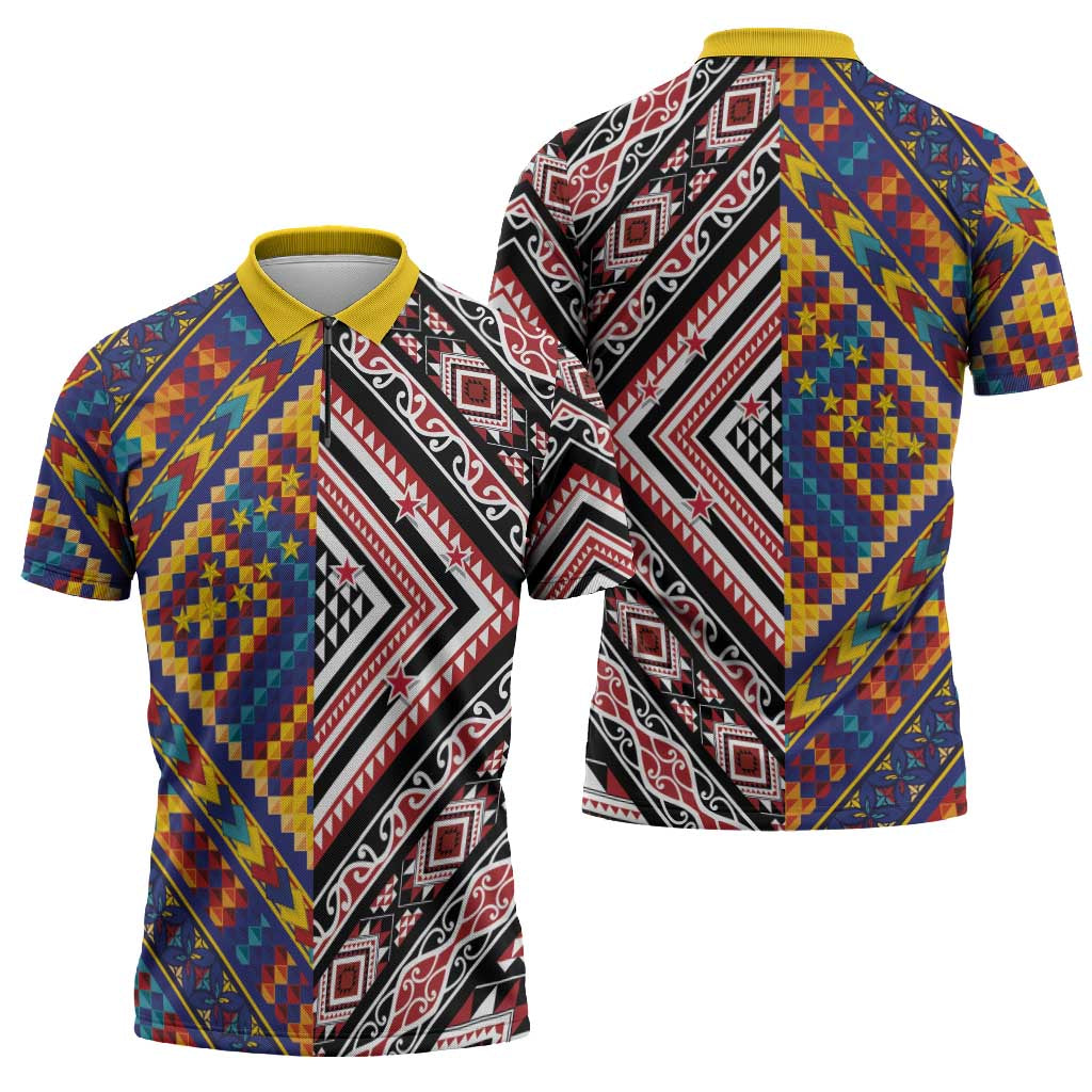 Tuvaluan and New Zealand Culture Zipper Polo Shirt The Art of Kolose and Taniko LT03 - Polynesian Pride