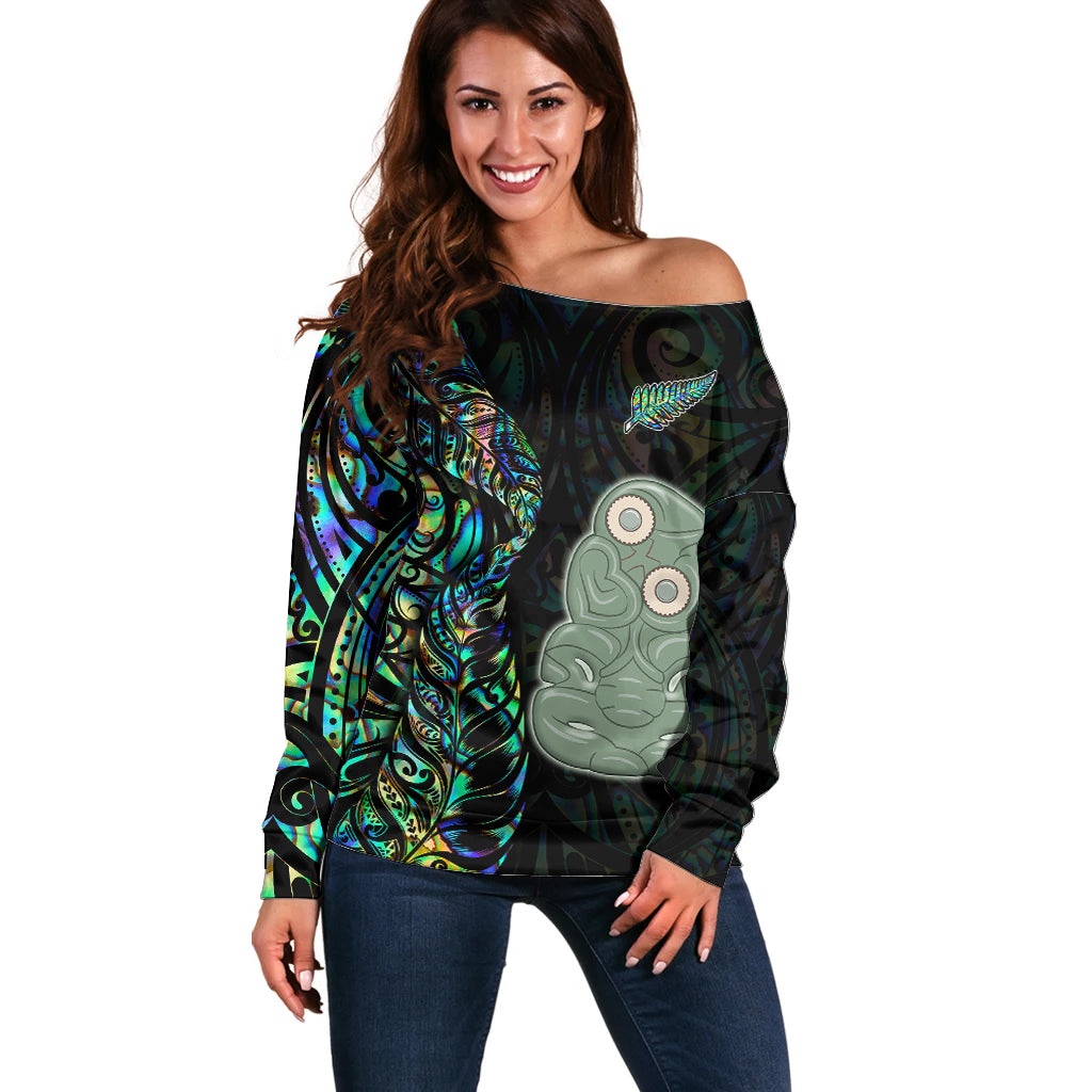 New Zealand Off Shoulder Sweater Silver Fern and Hei Tiki with Papua Shell Maori Tribal LT03 Women Black - Polynesian Pride