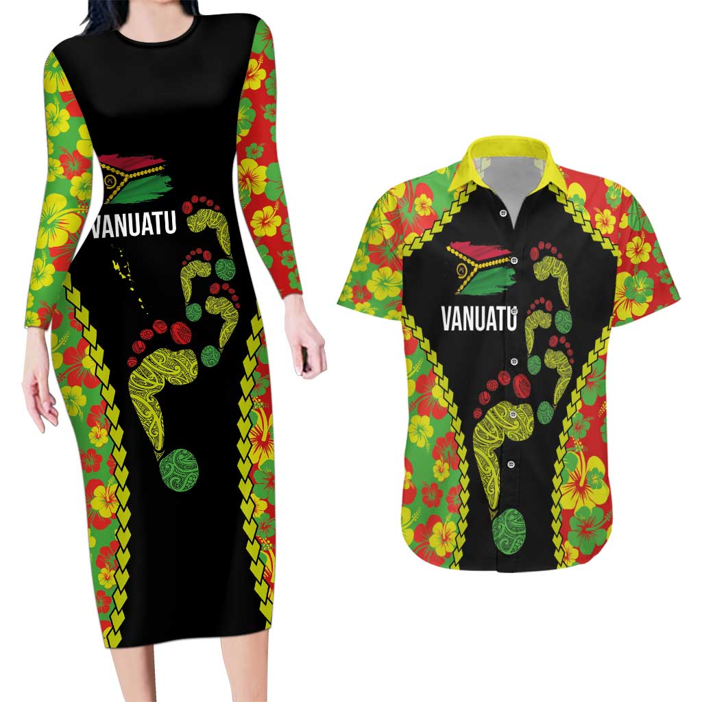 Personalised Vanuatu Running Couples Matching Long Sleeve Bodycon Dress and Hawaiian Shirt Footprint and Hibiscus Polynesian Style LT03 Black - Polynesian Pride