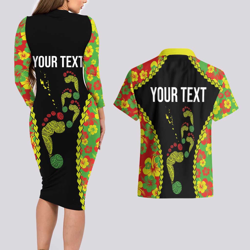 Personalised Vanuatu Running Couples Matching Long Sleeve Bodycon Dress and Hawaiian Shirt Footprint and Hibiscus Polynesian Style LT03 - Polynesian Pride