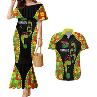 Personalised Vanuatu Running Couples Matching Mermaid Dress and Hawaiian Shirt Footprint and Hibiscus Polynesian Style LT03 Black - Polynesian Pride