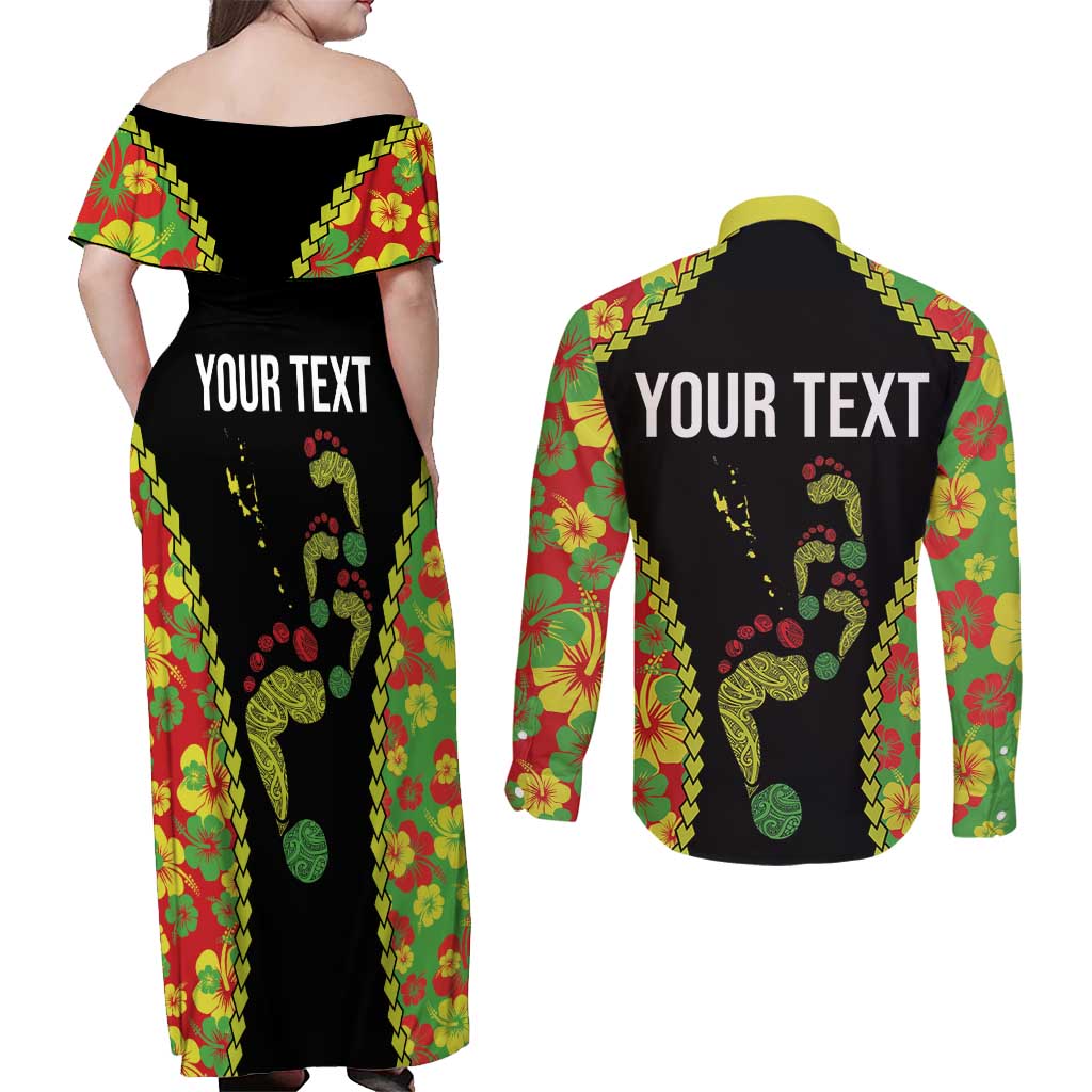 Personalised Vanuatu Running Couples Matching Off Shoulder Maxi Dress and Long Sleeve Button Shirt Footprint and Hibiscus Polynesian Style LT03 - Polynesian Pride