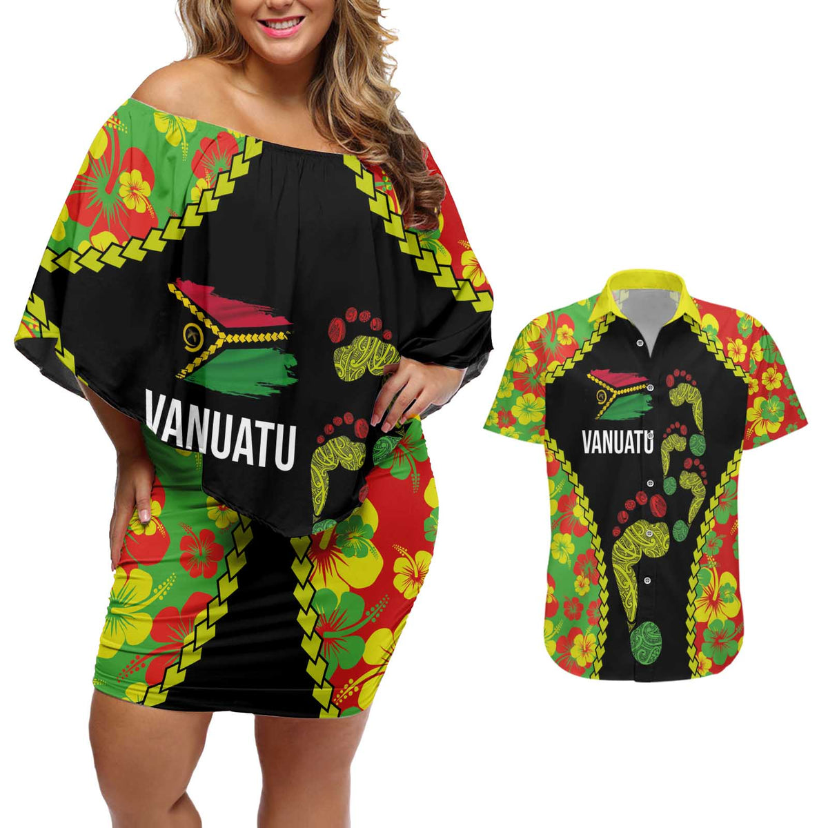 Personalised Vanuatu Running Couples Matching Off Shoulder Short Dress and Hawaiian Shirt Footprint and Hibiscus Polynesian Style LT03 Black - Polynesian Pride