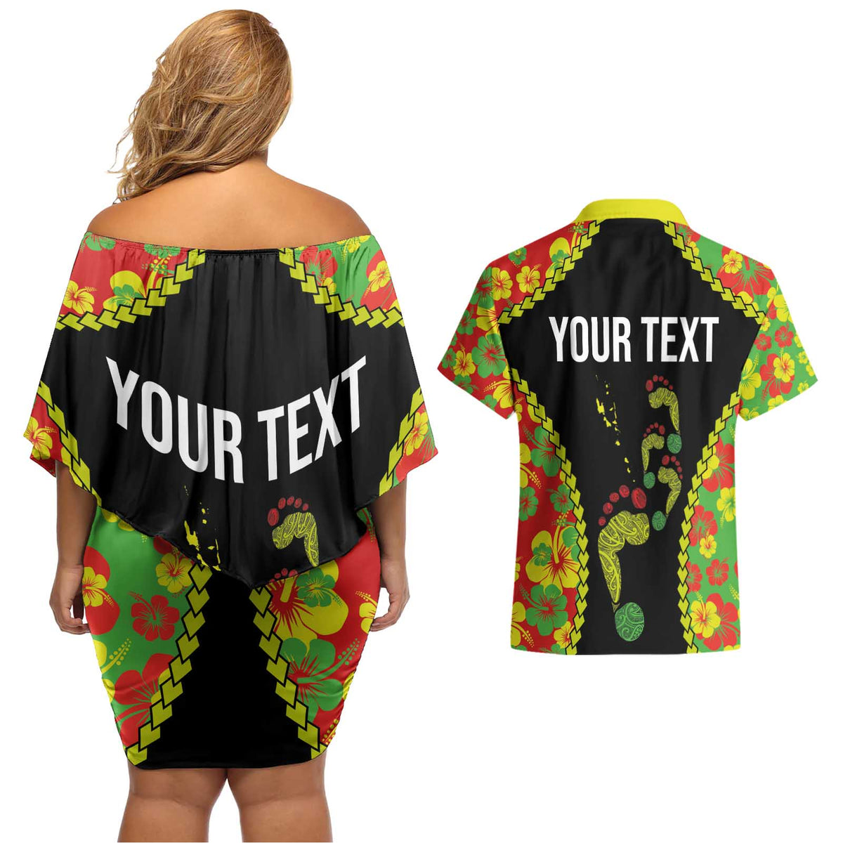 Personalised Vanuatu Running Couples Matching Off Shoulder Short Dress and Hawaiian Shirt Footprint and Hibiscus Polynesian Style LT03 - Polynesian Pride