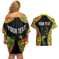 Personalised Vanuatu Running Couples Matching Off Shoulder Short Dress and Hawaiian Shirt Footprint and Hibiscus Polynesian Style LT03 - Polynesian Pride