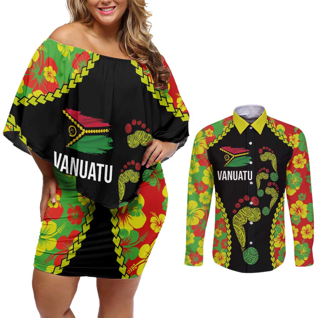Personalised Vanuatu Running Couples Matching Off Shoulder Short Dress and Long Sleeve Button Shirt Footprint and Hibiscus Polynesian Style LT03 Black - Polynesian Pride