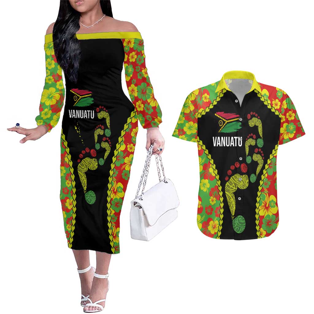 Personalised Vanuatu Running Couples Matching Off The Shoulder Long Sleeve Dress and Hawaiian Shirt Footprint and Hibiscus Polynesian Style LT03 Black - Polynesian Pride