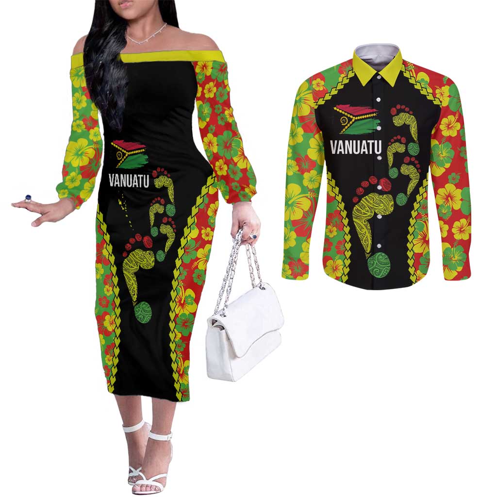 Personalised Vanuatu Running Couples Matching Off The Shoulder Long Sleeve Dress and Long Sleeve Button Shirt Footprint and Hibiscus Polynesian Style LT03 Black - Polynesian Pride