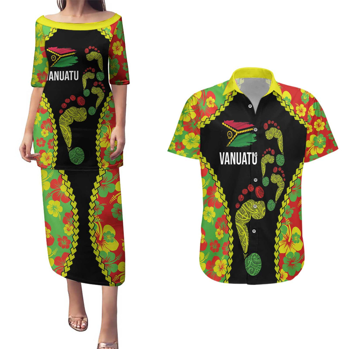 Personalised Vanuatu Running Couples Matching Puletasi and Hawaiian Shirt Footprint and Hibiscus Polynesian Style LT03 Black - Polynesian Pride