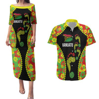 Personalised Vanuatu Running Couples Matching Puletasi and Hawaiian Shirt Footprint and Hibiscus Polynesian Style LT03 Black - Polynesian Pride