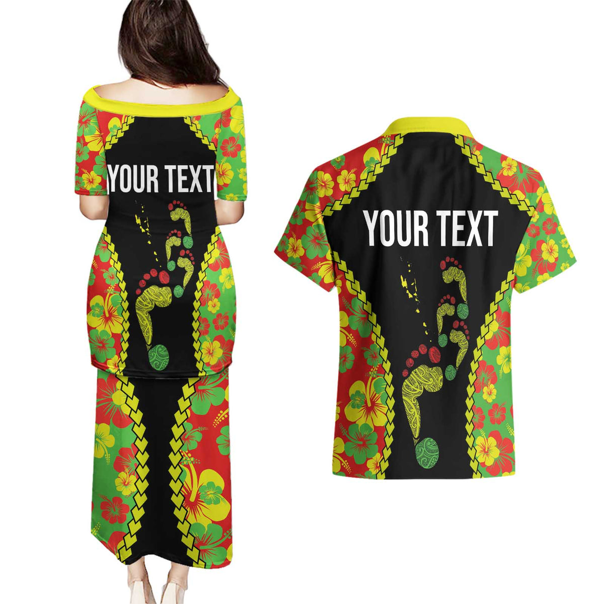 Personalised Vanuatu Running Couples Matching Puletasi and Hawaiian Shirt Footprint and Hibiscus Polynesian Style LT03 - Polynesian Pride