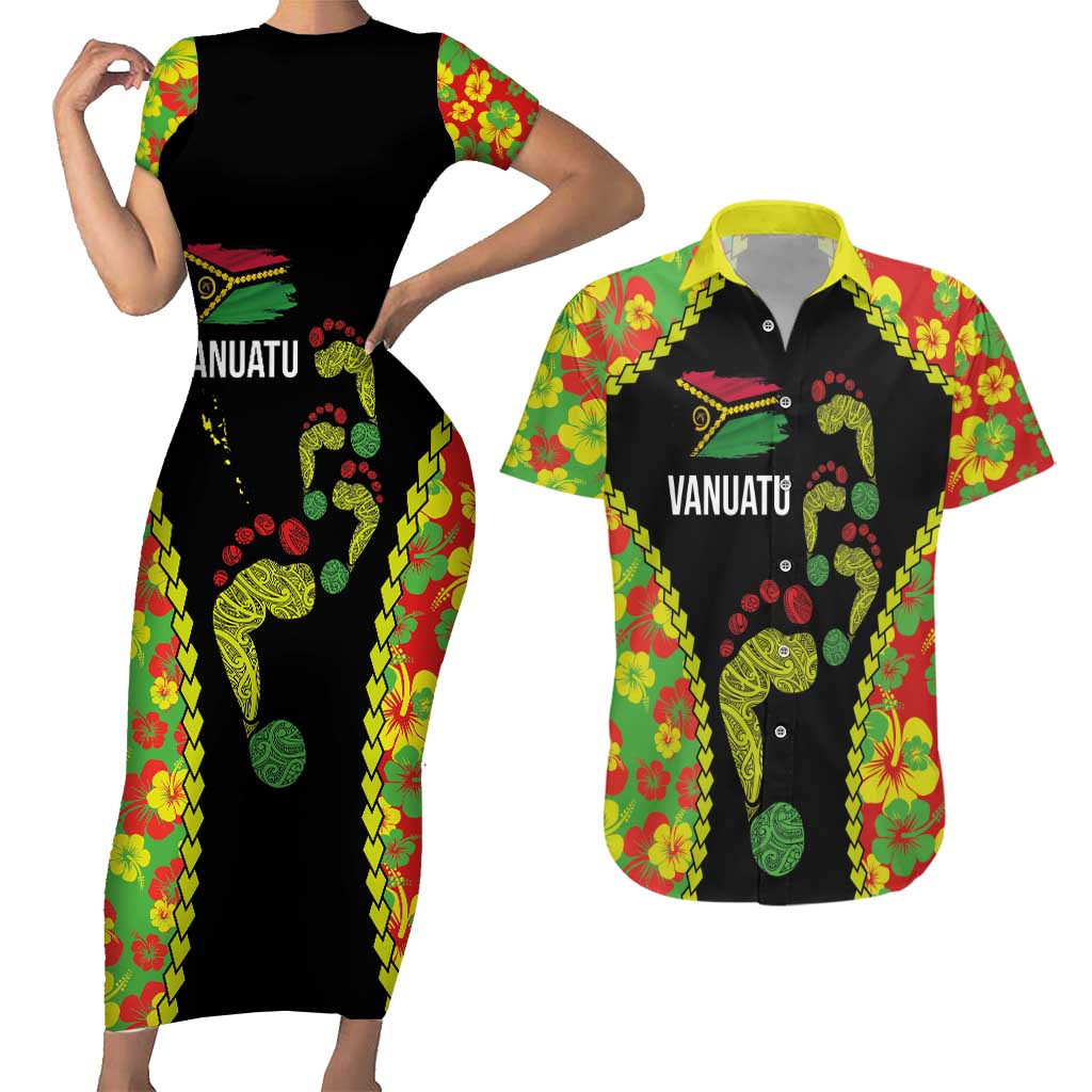 Personalised Vanuatu Running Couples Matching Short Sleeve Bodycon Dress and Hawaiian Shirt Footprint and Hibiscus Polynesian Style LT03 Black - Polynesian Pride