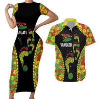 Personalised Vanuatu Running Couples Matching Short Sleeve Bodycon Dress and Hawaiian Shirt Footprint and Hibiscus Polynesian Style LT03 Black - Polynesian Pride